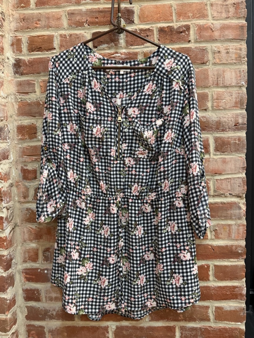 Stella Tweed Black & White Gingham Floral Top with Pink Blossoms